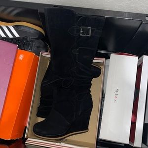 Knee high velvet heeled boots